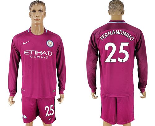 Manchester City #25 Fernandinho Away Long Sleeves Soccer Club Jersey